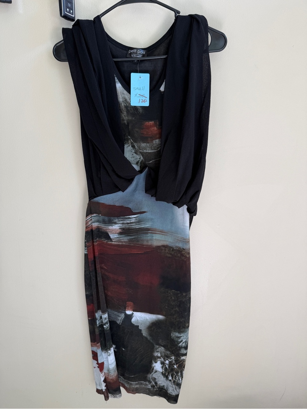 Petite Sophisticated Black Draped Midi Dress with Abstract Red Print